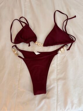 SHEIN Burgundy Beaded Triangle Bikini Set